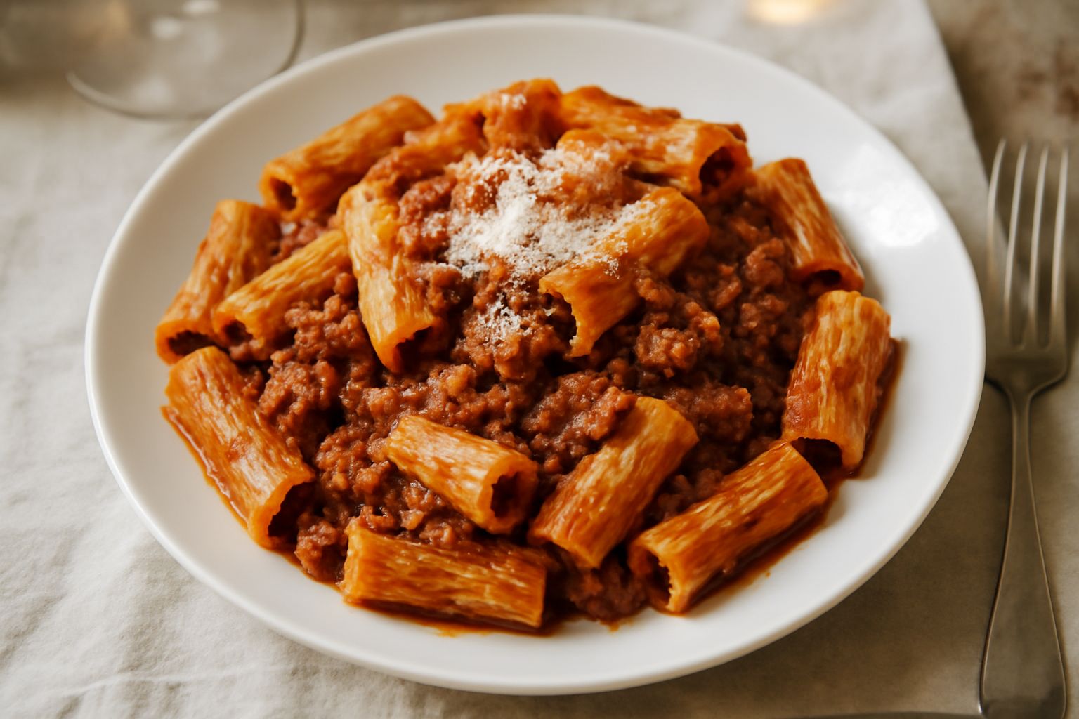 Piatto di rigatoni pieni di ragù rosso scuro di maiale, spolverati di parmigiano bianco, con un cucchiaio di legno che tocca il fondo del piatto, su un tavolo di legno naturale