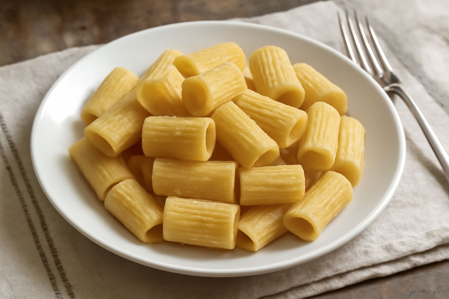 Rigatoni appena fatti disposti su un panno bianco, pasta color giallo oro con rigature profonde e uniformi, visibili i pori della pasta fresca