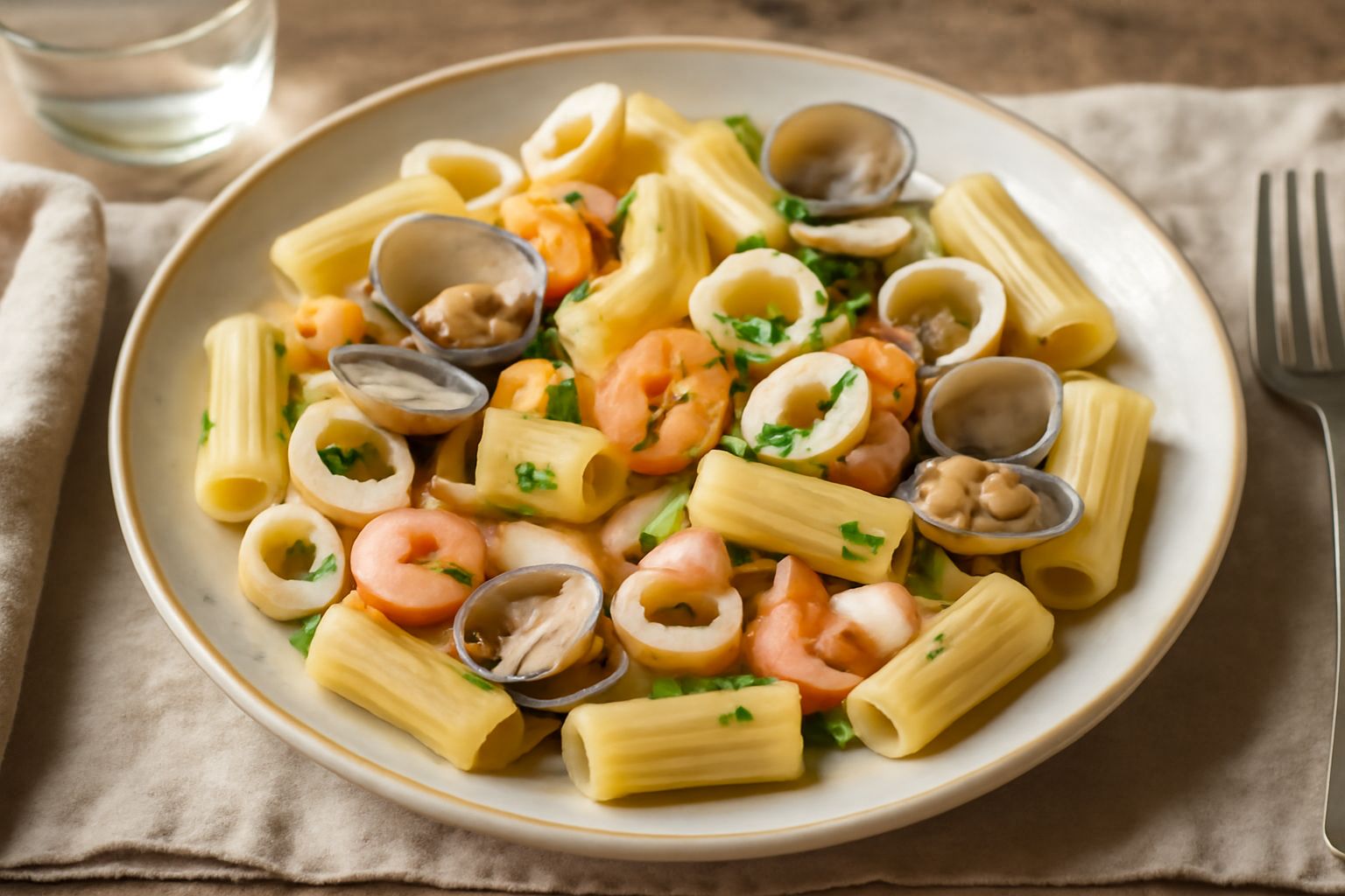 Piatto bianco con rigatoni freddi conditi con vongole, gamberi e fettine di calamaro, olive nere, pomodorini rossi tagliati a metà e prezzemolo verde, decorato con limone al bordo