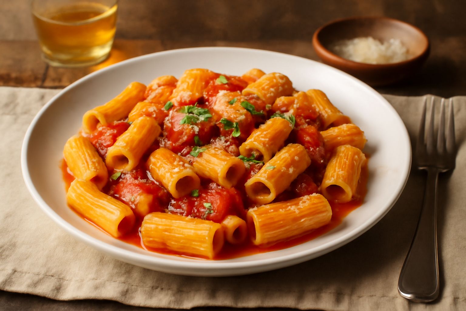 Rigatoni freschi non cotti disposti su una tavola di legno, pasta di colore giallo paglierino con scanalature ben visibili, al lato una ciotola di farina bianca e un uovo fresco