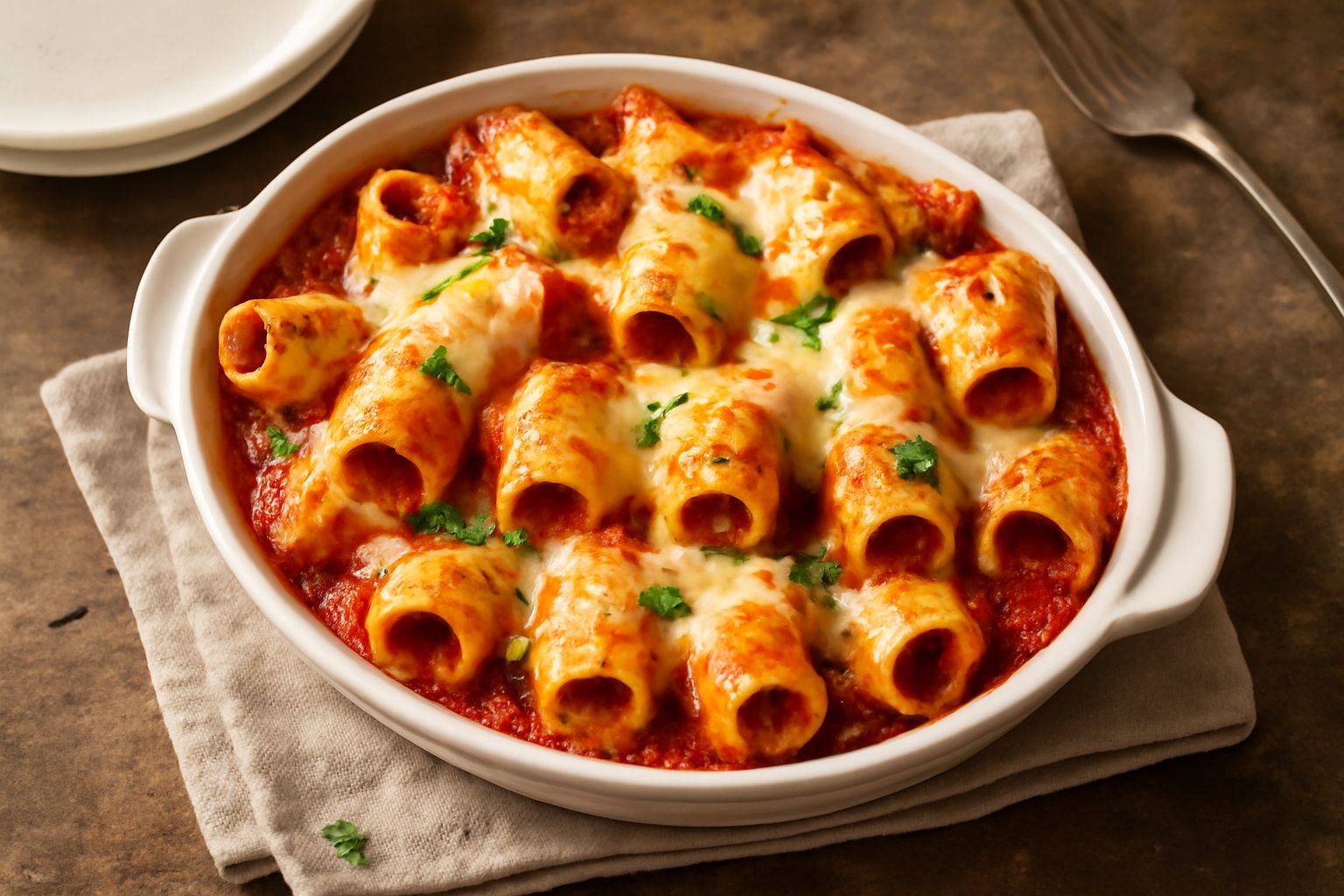 Rigatoni pieni di ripieno di carne e ricotta in una pirofila da forno, ricoperti di sugo di pomodoro rosso e filamenti di mozzarella bianca gratinata, fumanti e dorati in superficie