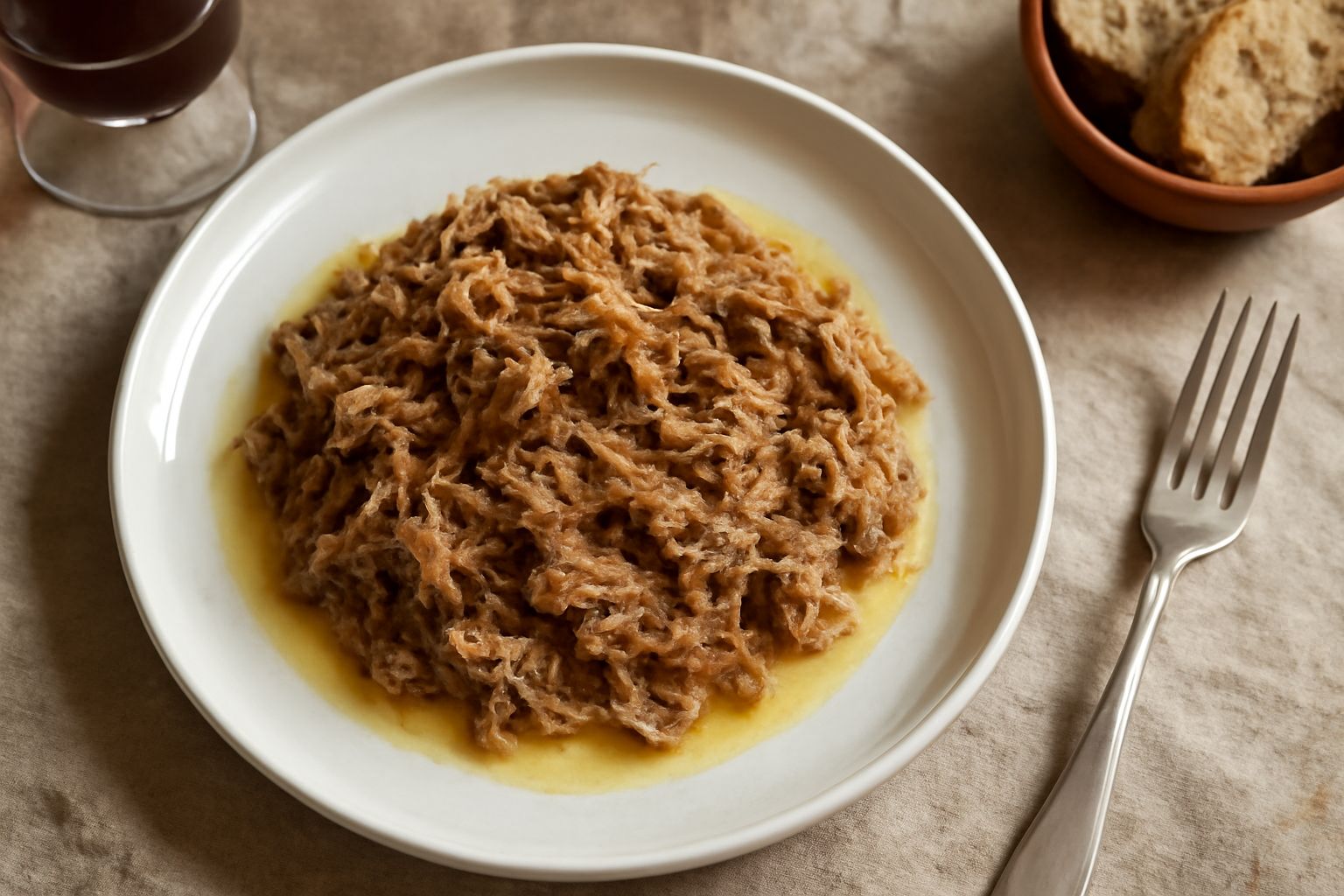 Rillettes mantovane color beige ambrato in una ciotola di ceramica bianca, con superficie cremosa leggermente granulosa, accanto a fette di pane tostato e germogli freschi