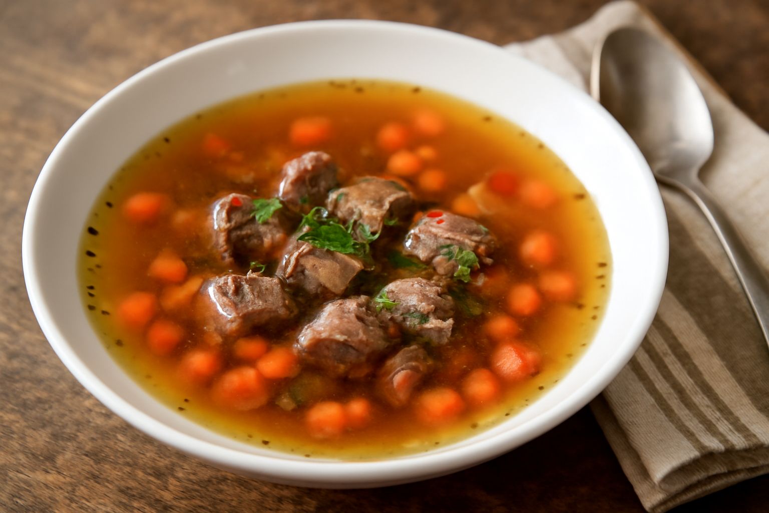 Ciotola di ceramica bianca contenente brodo trasparente color ambra con pezzetti di carne manzo, carote arancioni, sedano e prezzemolo verde fresco in superficie, cucchiaio d'argento appoggiato al bor
