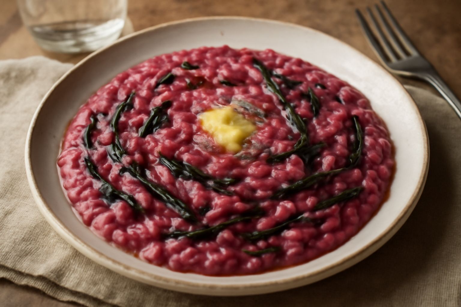 Risotto cremoso di colore rosa violaceo con bietole tagliate a striscioline, grana grattugiato e burro fuso in superficie, servito in piatto bianco fondo su tavolo di legno