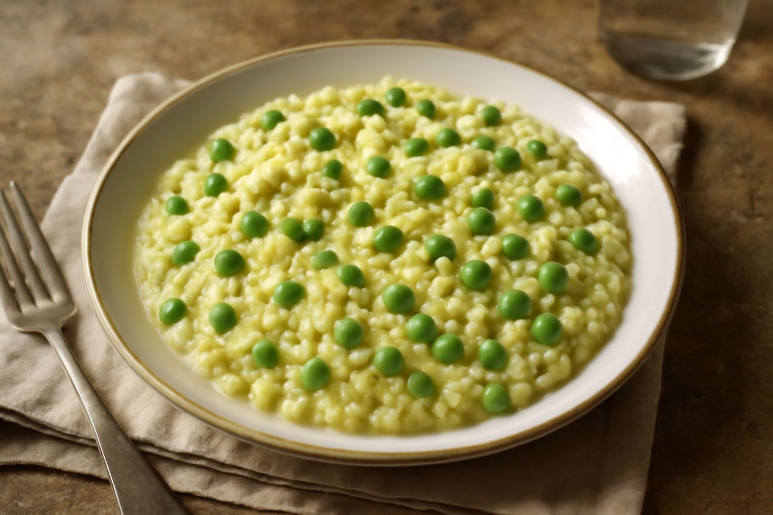 Piatto di riso cremoso bianco e giallo con piselli verdi sparse in superficie, burro dorato appena mantecato, grattugia di parmigiano, su piatto bianco fondo neutro