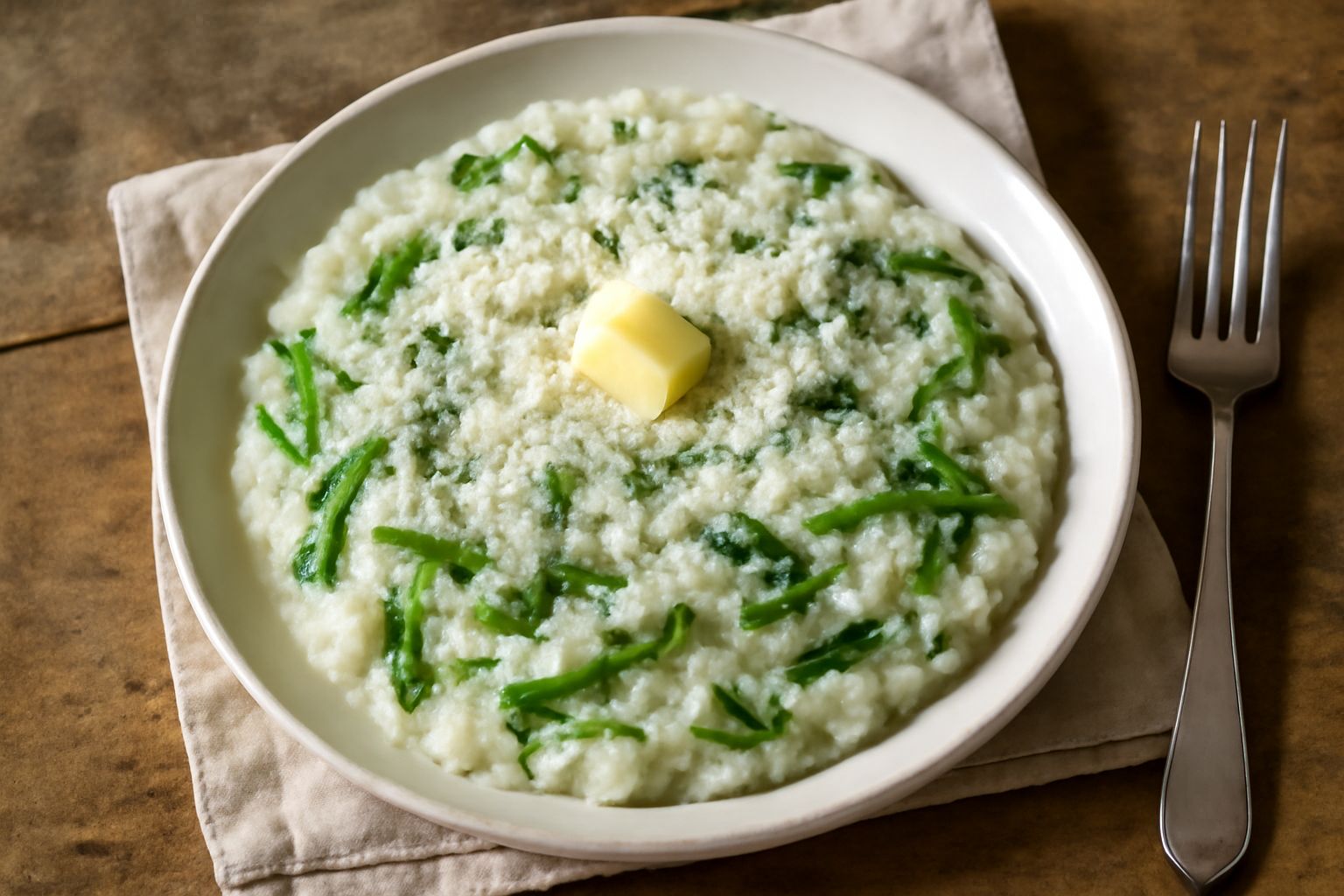 Piatto di riso bianco cremoso con bruscandoli verdi distribuiti uniformemente, mantecato con burro, formaggio grattugiato in superficie, impiattato in ciotola bianca.