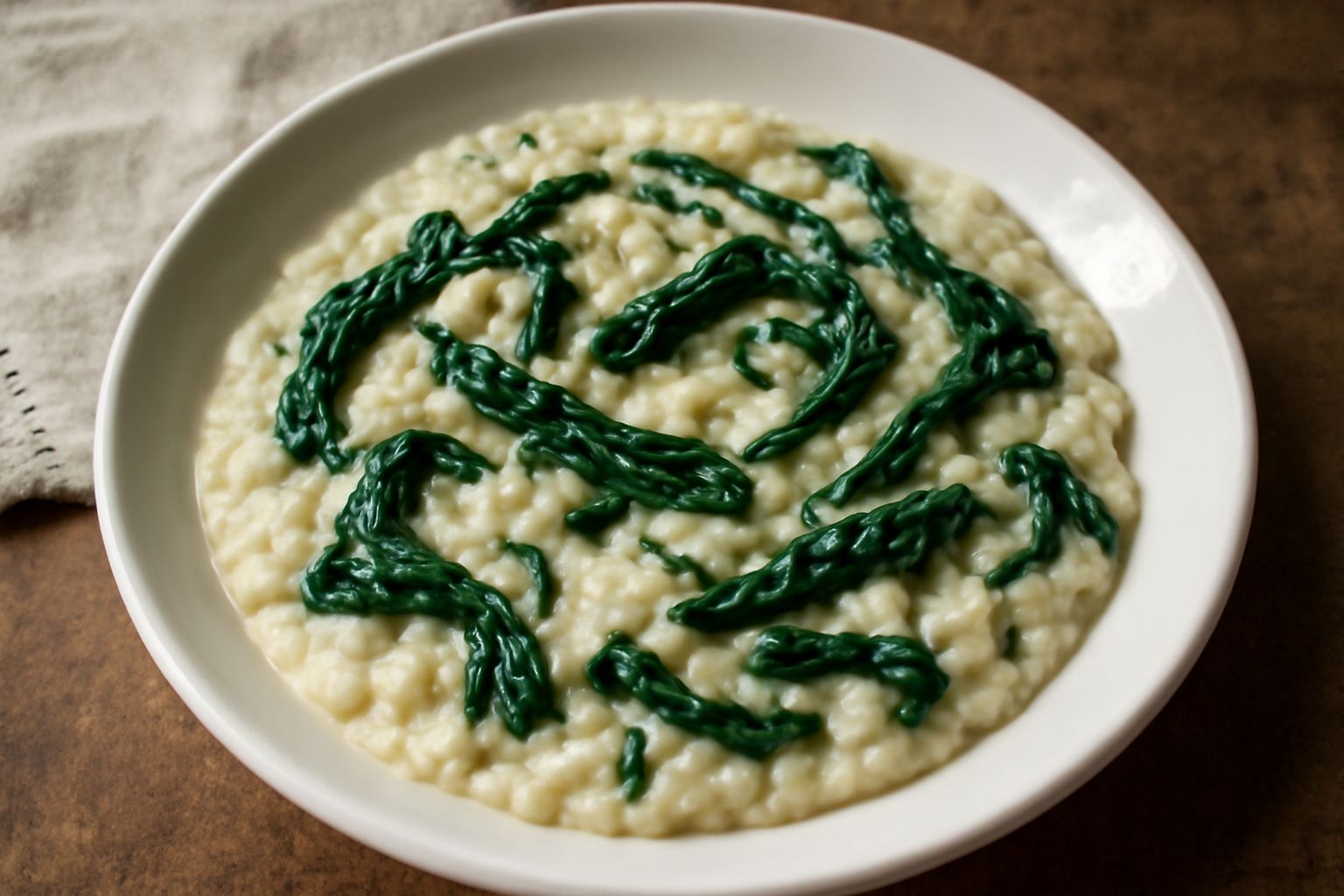 Piatto bianco con riso cremoso di colore bianco avorio, cavolo nero tagliato a striscioline scure, olio d'oliva dorato versato sopra, cipolla sfuocata intorno, parmigiano grattugiato ai lati