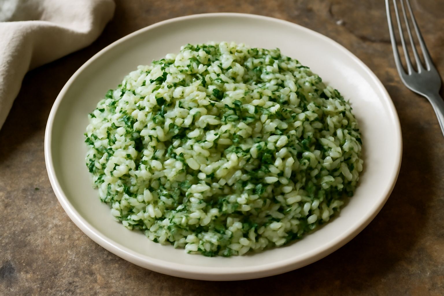 Piatto di riso bianco mantecato con erbette verdi fresche, condito con olio e parmigiano, presentato in una ciotola bianca su tavolo di legno chiaro