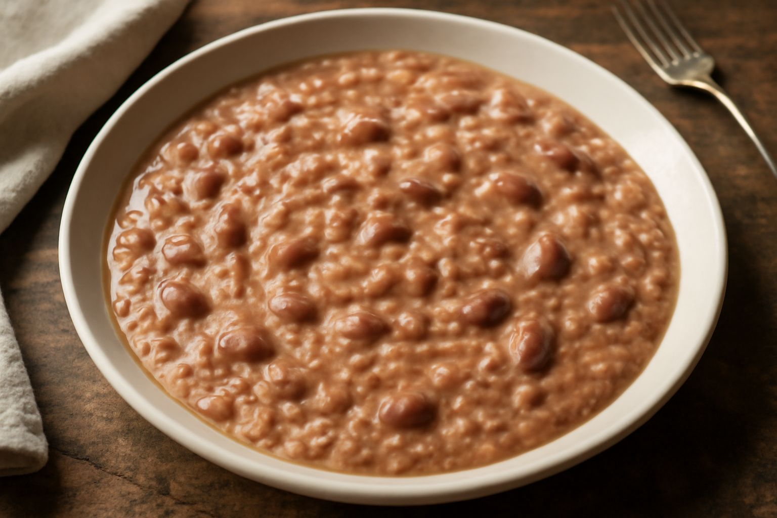 Piatto bianco fondo con ris e fasoi cremoso, colore beige e marrone chiaro, riso morbido mescolato ai fagioli rossi, olio d'oliva lucido in superficie, cipolla sfumata visibile tra i grani, cucchiaio 