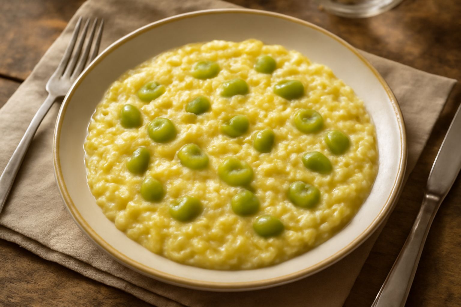 Piatto di ris e fave cremoso con riso bianco e fave gialle mischiate, condito con olio d'oliva verde, servito in una ciotola bianca su fondo grigio