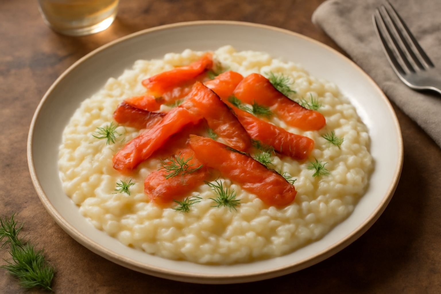 Risotto cremoso bianco con fette di salmone affumicato arancio acceso sparse sulla superficie, guarnito con aneto fresco verde e grana padano grattugiato, servito in piatto fondo di porcellana
