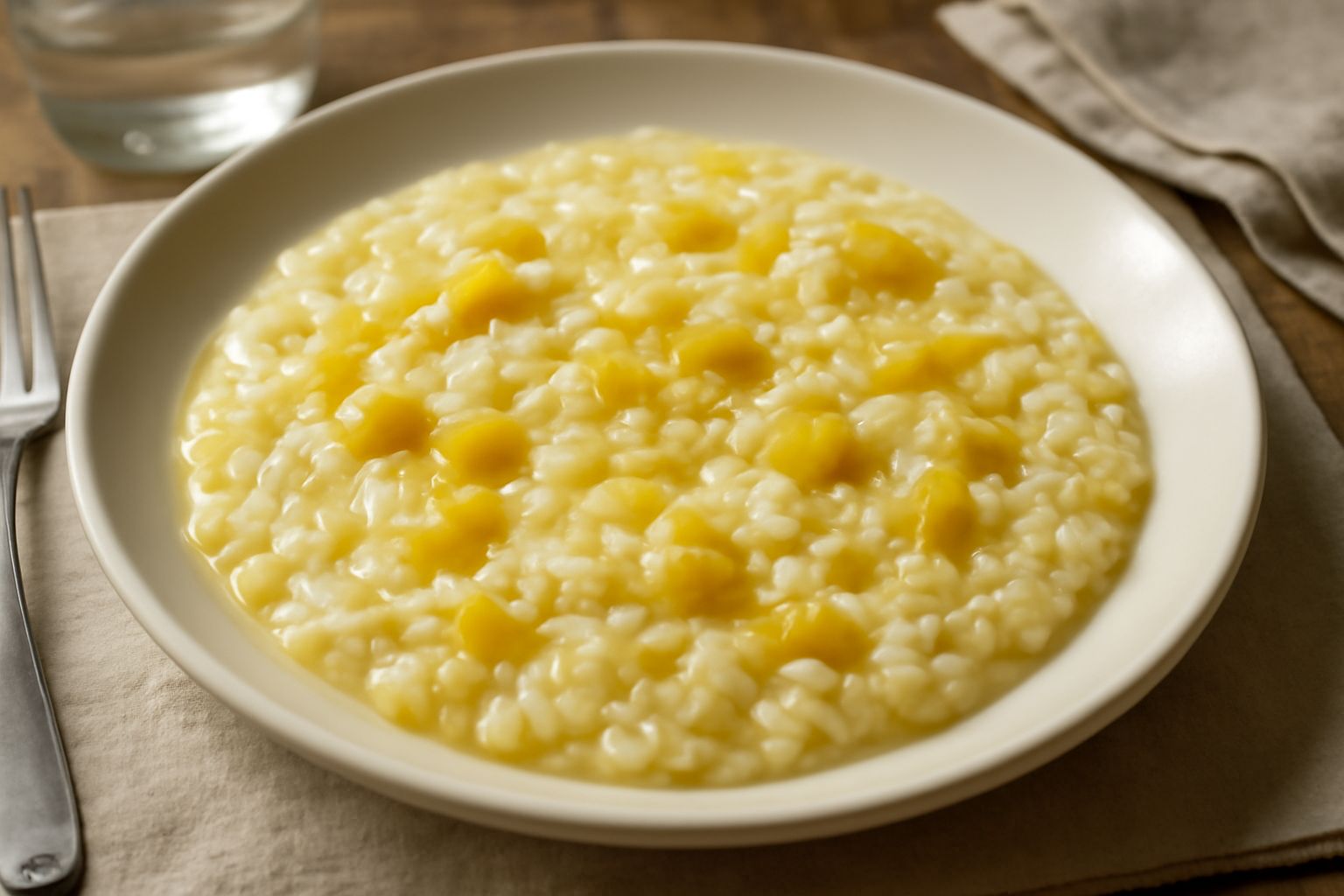Piatto di ris e lüch con riso bianco cremoso e porri giallo dorato mescolati al riso, servito in ciotola di porcellana bianca, con filo di burro lucido in superficie
