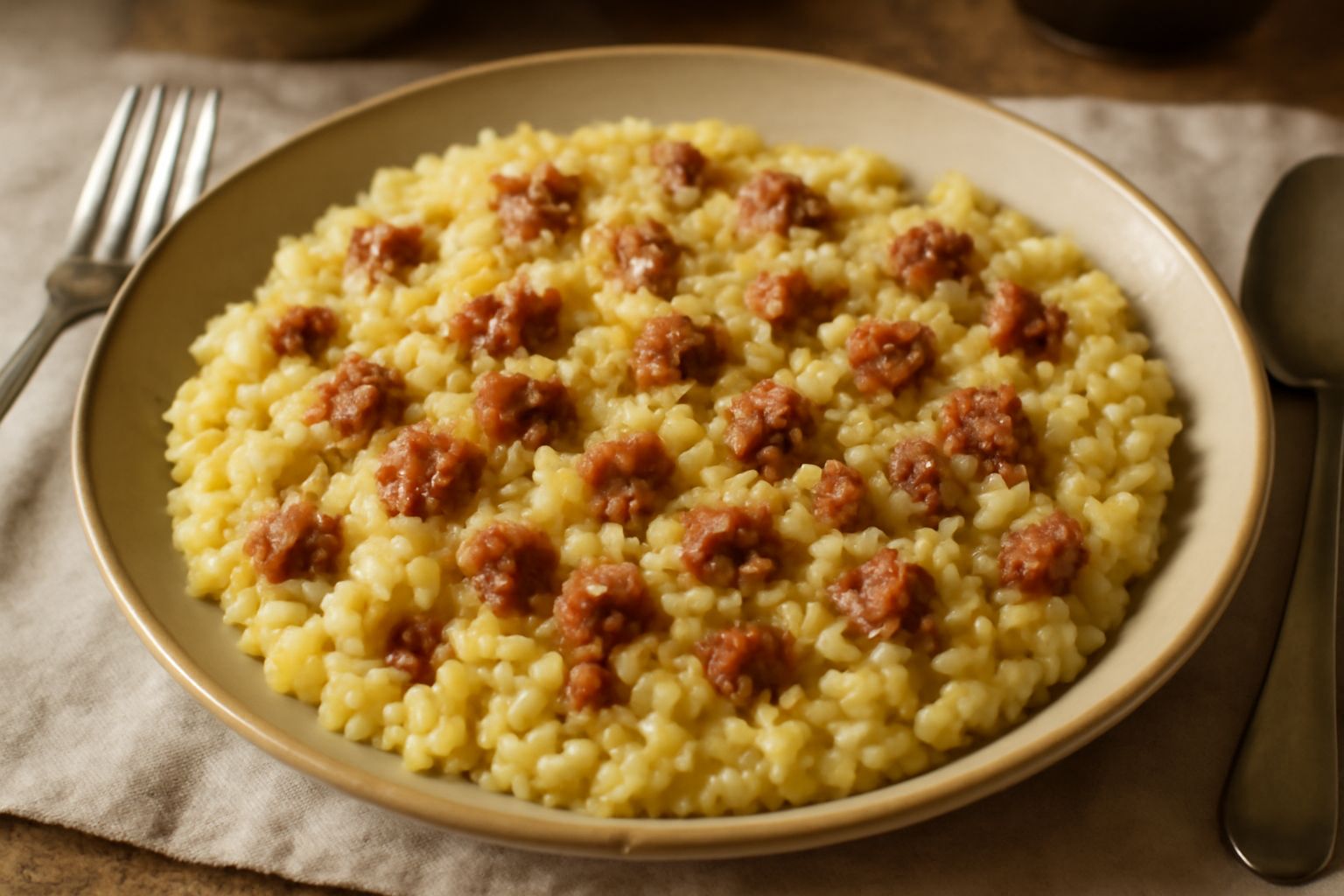Piatto di riso bianco cremoso con pezzetti di salsiccia marrone, guarnito con formaggio grattugiato e prezzemolo fresco, servito in ciotola bianca con cucchiaio in primo piano