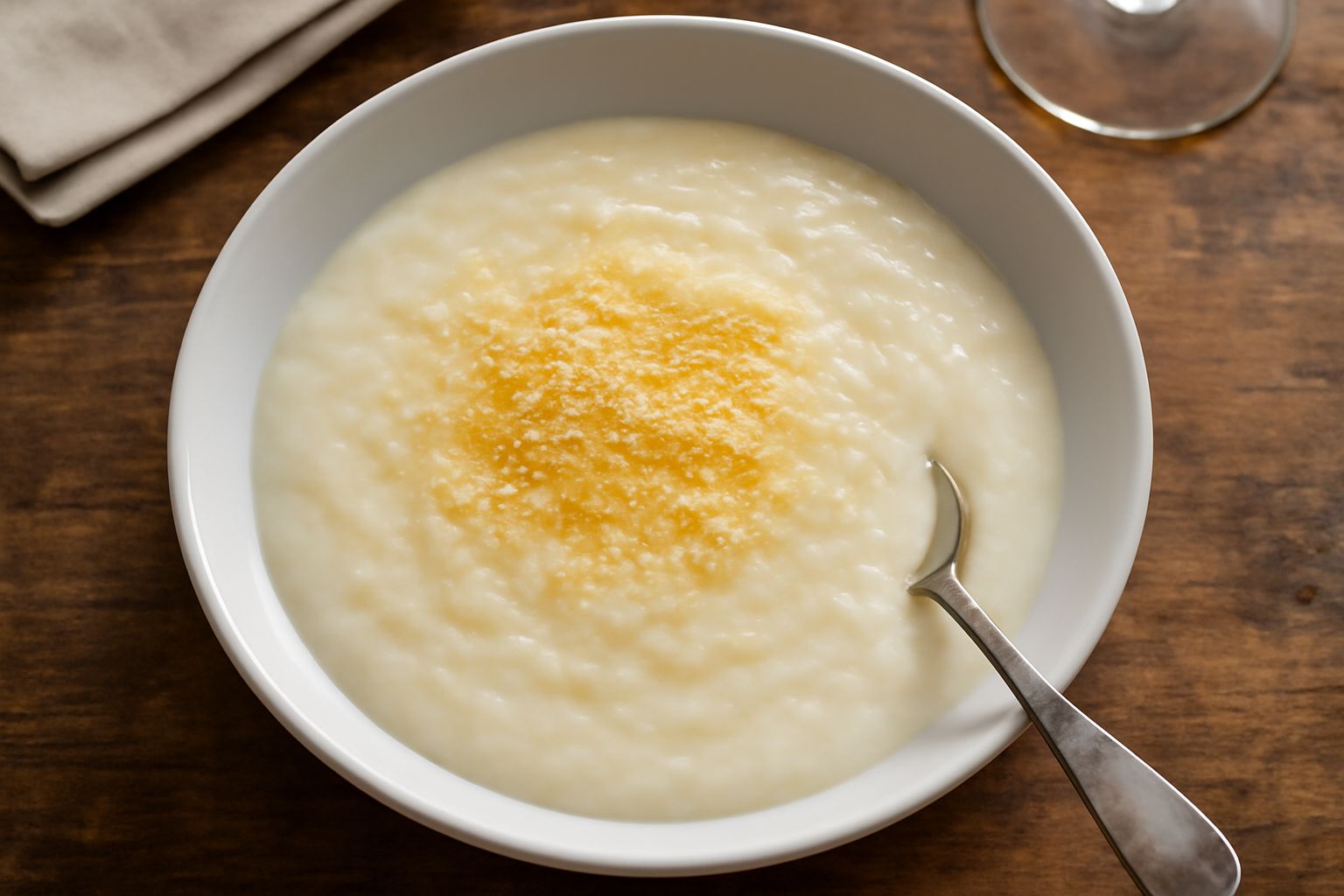Una ciotola bianca colma di zuppa cremosa color avorio con chicchi di riso visibili, brodo lattiginoso e una spolverata di parmigiano reggiano grattugiato al centro, cucchiaio di metallo dentro la zup