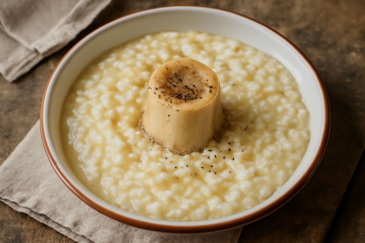 Un piatto fondo di ceramica con risotto cremoso bianco e giallo, un osso di midollo posto al centro tra i chicchi di riso, vapore leggero, cucchiaio da minestra sulla destra, fondo neutro