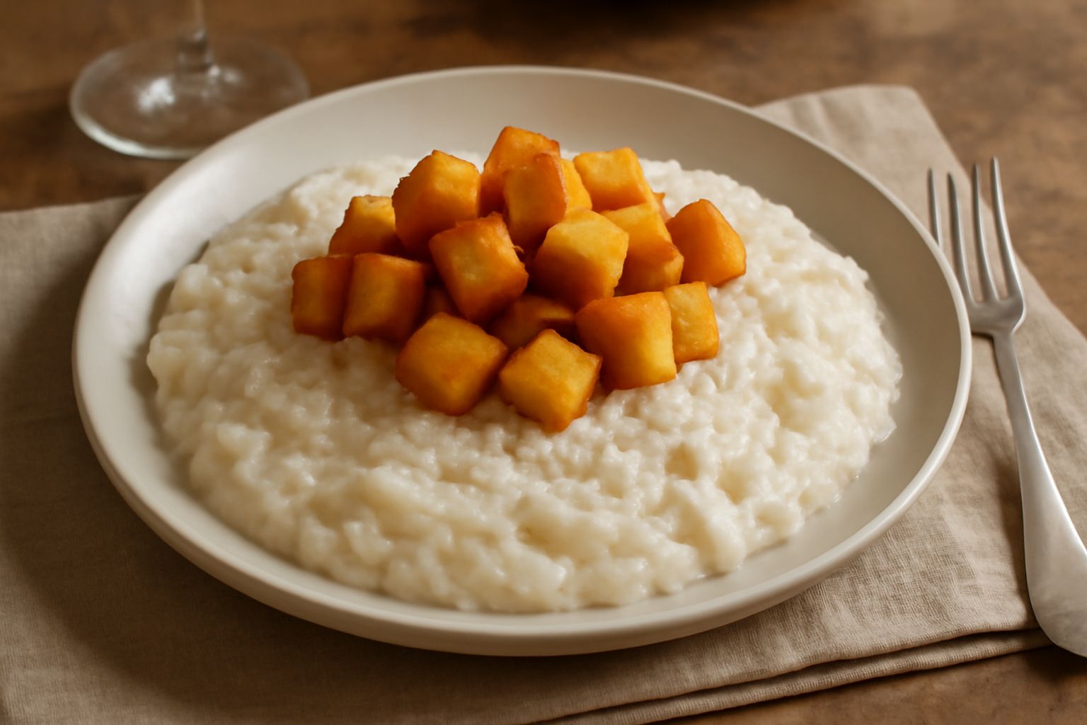 Ris e panissa in piatto bianco fondo: riso cremoso bianco con striature di burro, pezzetti di panissa dorata e croccante sparsi sulla superficie, spolverata di parmigiano grattugiato, cucchiaio di leg