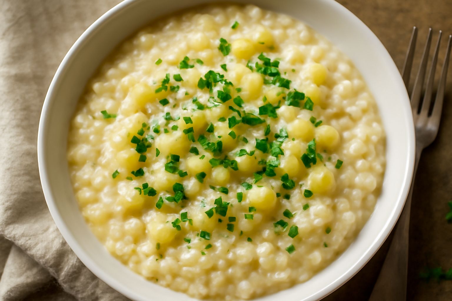 Ris e patate servito in un piatto fondo bianco: cremoso e vellutato, color avorio con pezzi di patata giallognola visibili, condito con olio d'oliva e prezzemolo fresco tritato.