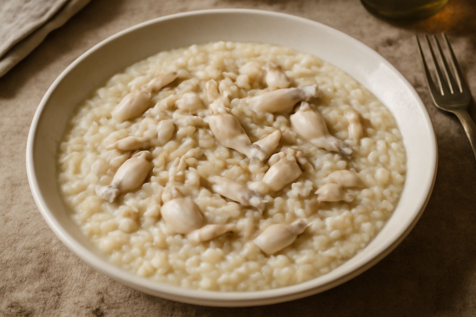 Un piatto fondo di ceramica bianca con risotto cremoso di colore avorio, pezzi di carne di rana bianca visibili tra i chicchi, salsa leggera e lucida, guarnito con prezzemolo fresco verde, un cucchiai