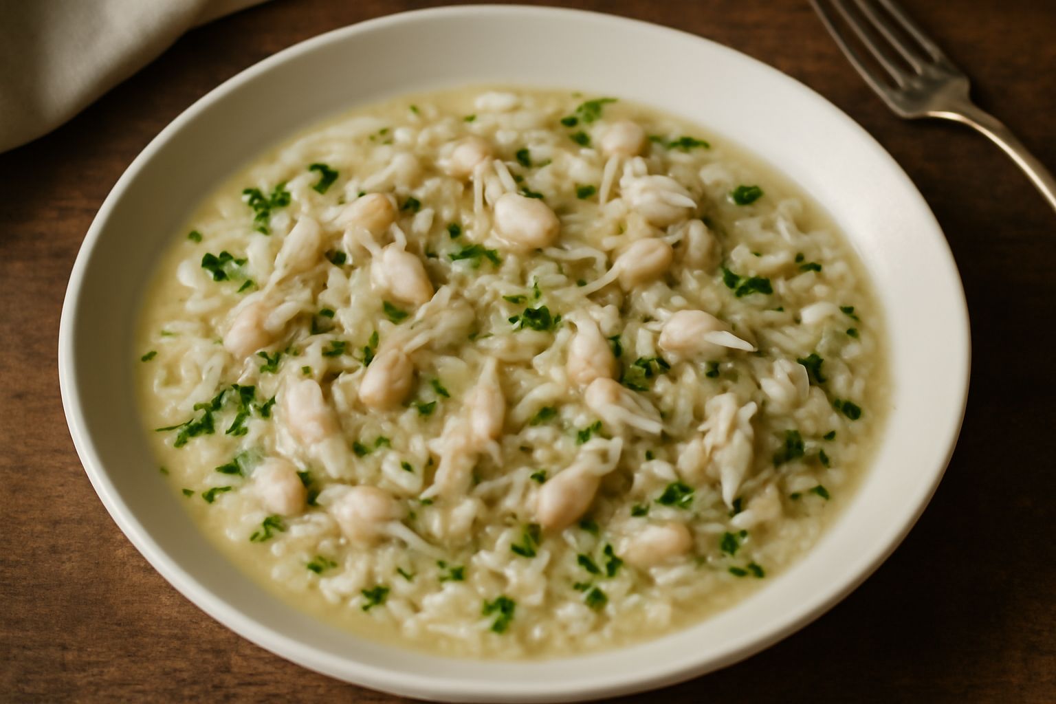 Piatto fondo di riso bianco cremoso con pezzetti di carne di rana trasparente e brodo leggero, guarnito con prezzemolo fresco, vapore ancora visibile, servito in stoviglia bianca