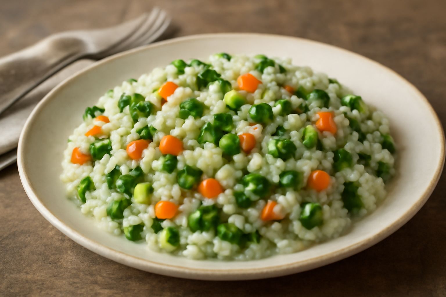 Piatto di riso bianco cremoso condito con verdure miste verdi e gialle, servito in ciotola profonda di ceramica bianca, con cucchiaio accanto e fondo neutro