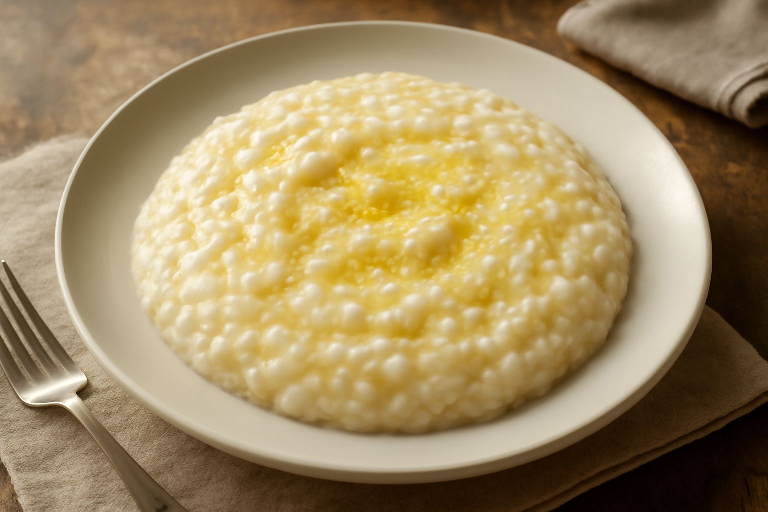Ris e tecia servito in piatto bianco, riso cremoso di colore bianco avorio con riflessi dorati, burro fuso in superficie, grumi di formaggio visibili, forchetta di legno appoggiata sul bordo