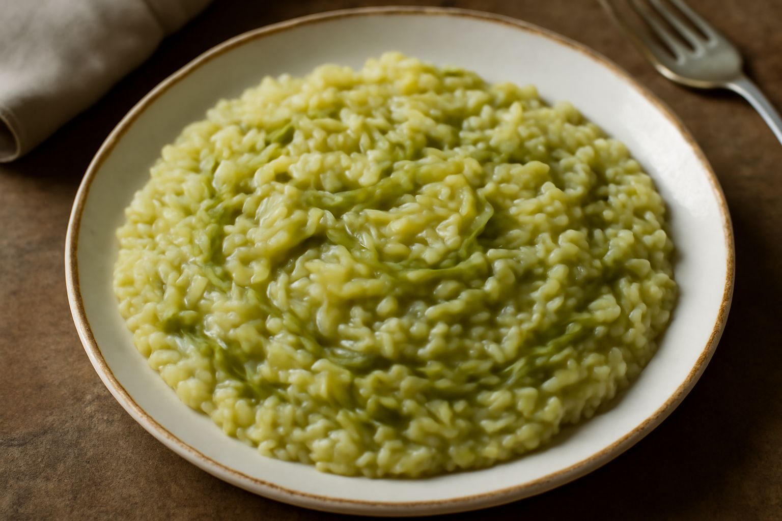 Piatto di ceramica bianca con ris e verz: riso cremoso beige mescolato a verza verde scuro in rigatelle, guarnito con formaggio grattugiato, con un cucchiaio di legno a lato su tavolo di legno