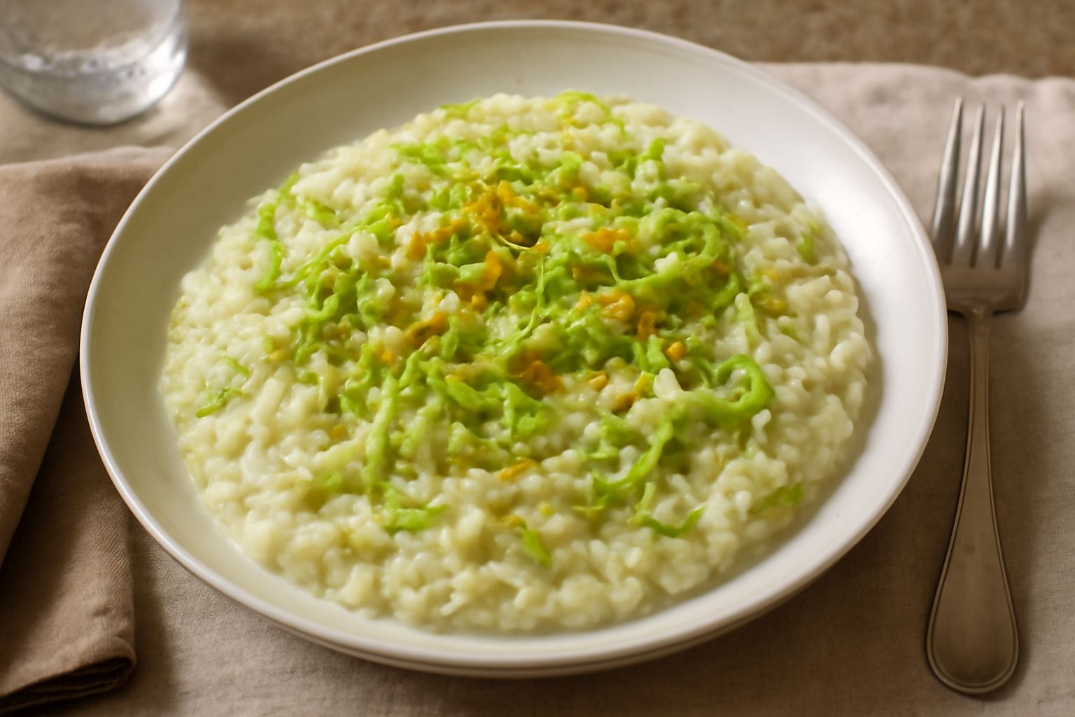 Piatto fondo di ceramica bianca con riso cremoso avorio e verza verde chiaro tritata finemente, servito con un cucchiaio di legno e un filo d'olio a crudo visibile in superficie
