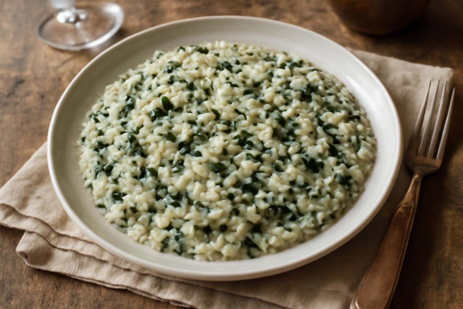 Piatto di ceramica bianca con ris e verza nera cremoso, cavolo nero visibile tra i grani di riso bianco, un filo d'olio d'oliva in superficie e parmigiano grattugiato, su fondo di legno scuro
