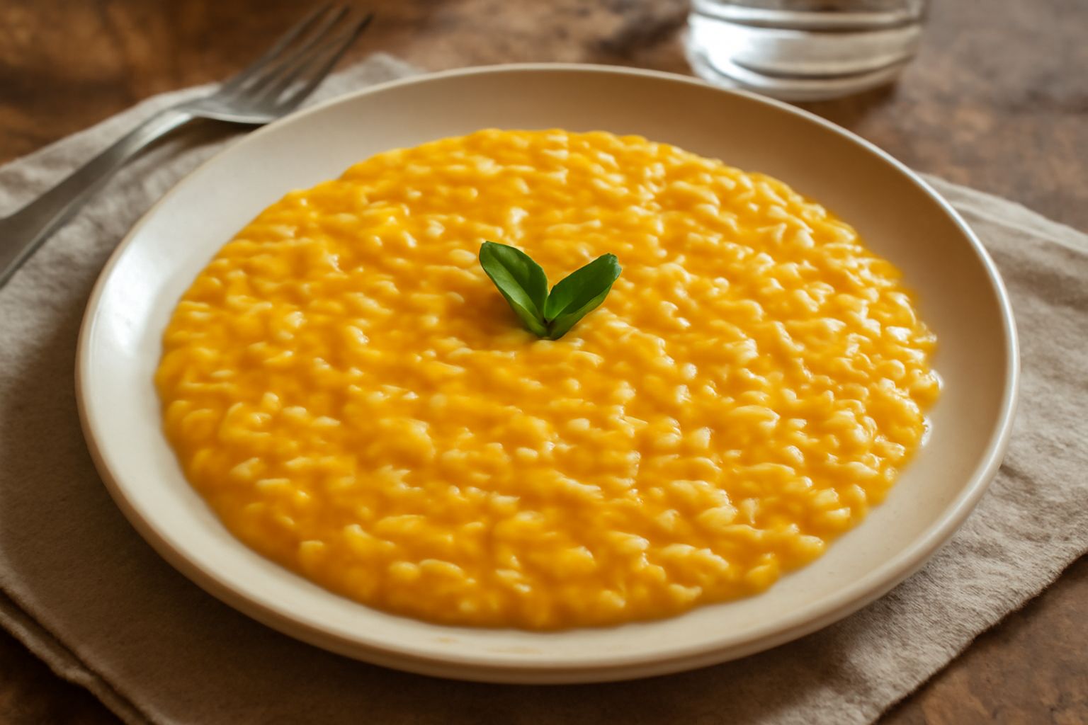 Un piatto bianco con risotto cremoso di colore giallo arancio, granelli di riso visibili e glossati, guarnito con qualche foglia di salvia fritta dorata e una spolverata di parmigiano grattugiato