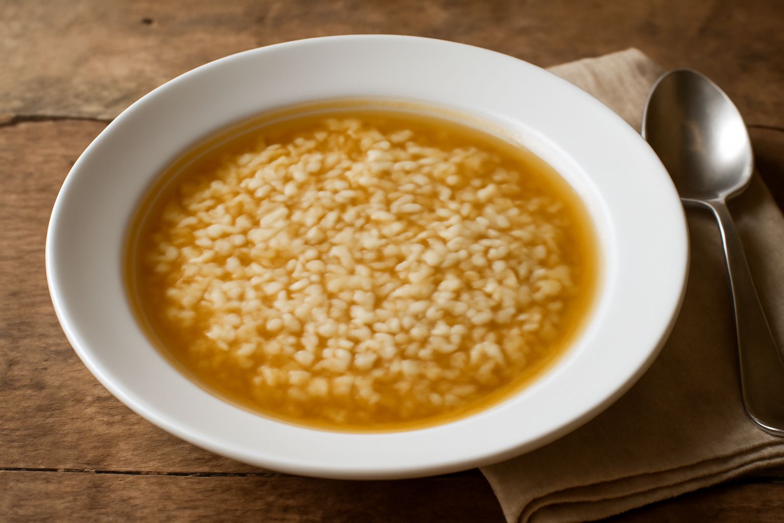 Una ciotola di ris grosso bianco crema in brodo caldo, con un mestolo che raccoglie il riso, brodo leggermente dorato, niente guarnizioni visibili, servito in una ciotola di ceramica bianca su tavolo 