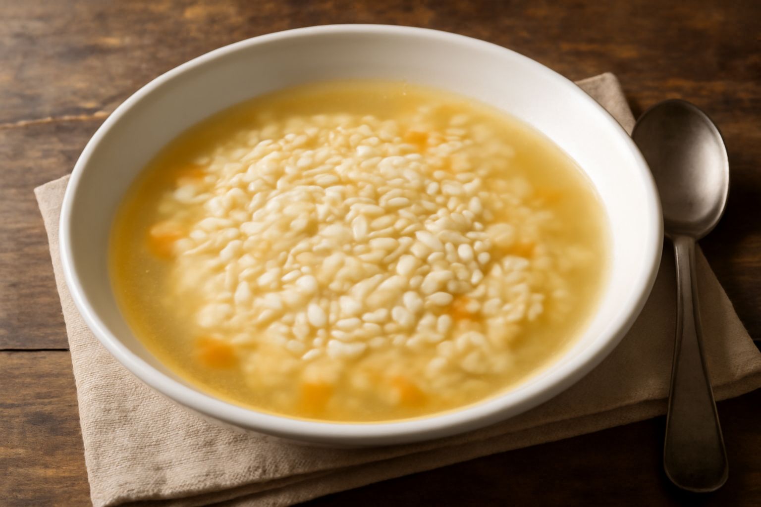Una ciotola bianca con riso cremoso in brodo caldo, vapore salente, brodo trasparente e qualche gambo di sedano fresco come guarnizione