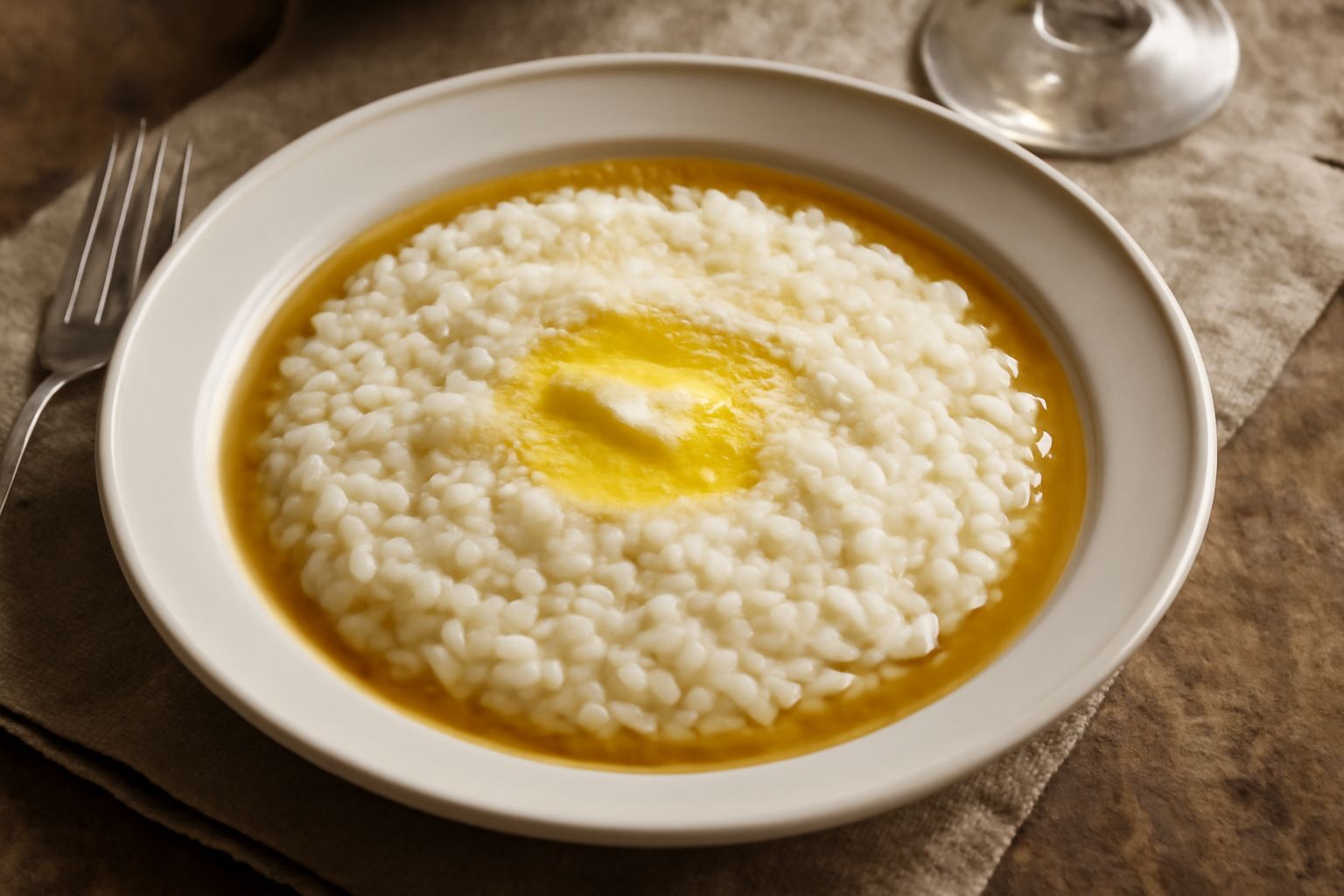 Piatto di ris in brodo appena impiattato: riso bianco cremoso in brodo trasparente dorato, guarnito con una noce di burro fuso, formaggio grattugiato in polvere leggera sulla superficie, vapore che sa