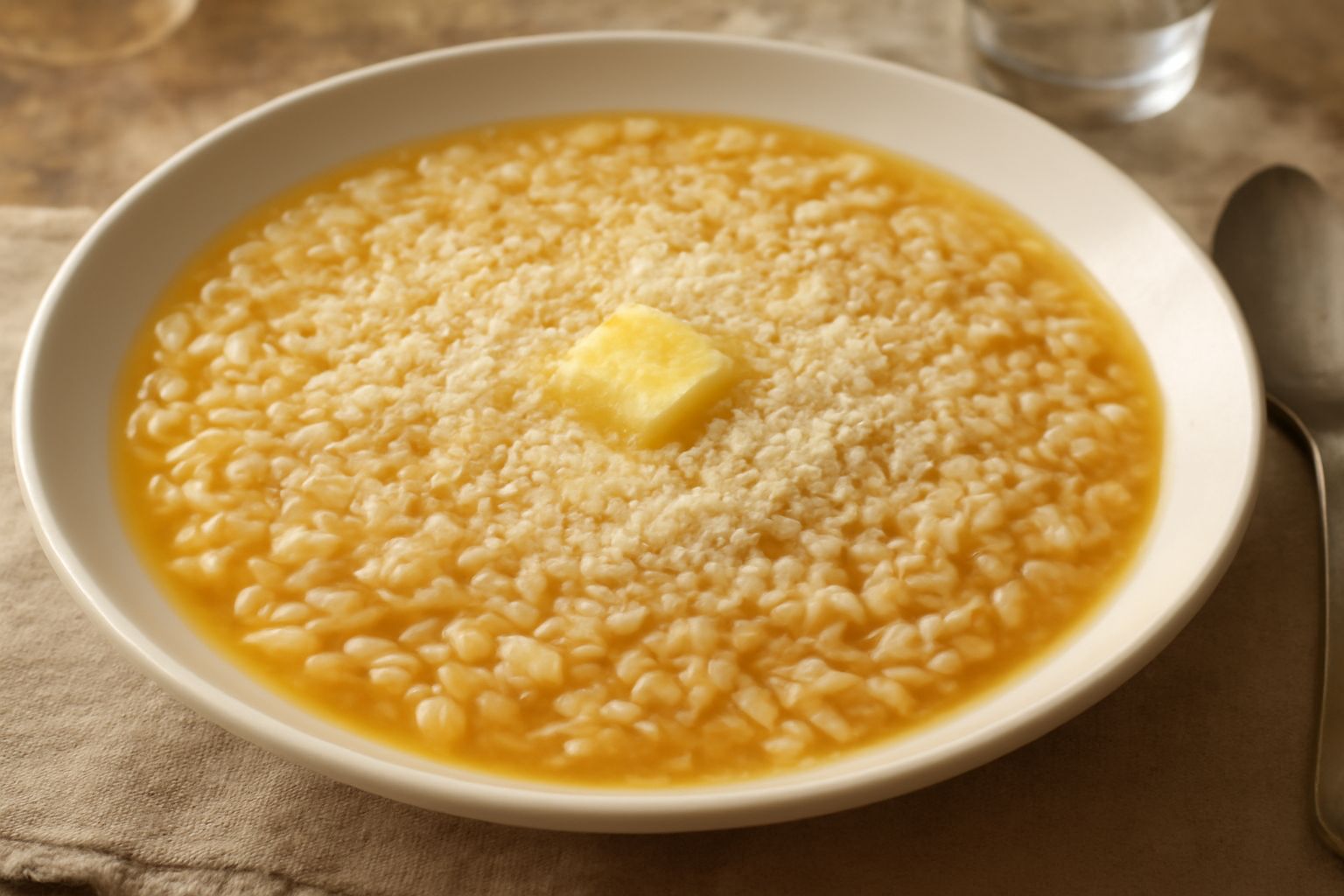 Piatto di ceramica bianca con ris cremoso di colore biondo pallido, leggermente fluido, con gocce di brodo visibili e grana di riso ben distinta, decorato con una leggera spolverata di parmigiano grat
