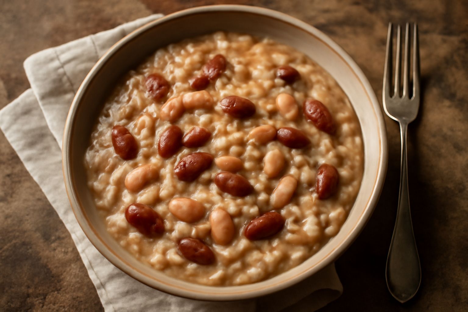 Ris in cagnon in ciotola di ceramica bianca: riso cremoso color nocciola mescolato con fagioli rossi e bianchi, guarnito con formaggio grattugiato e prezzemolo fresco verde