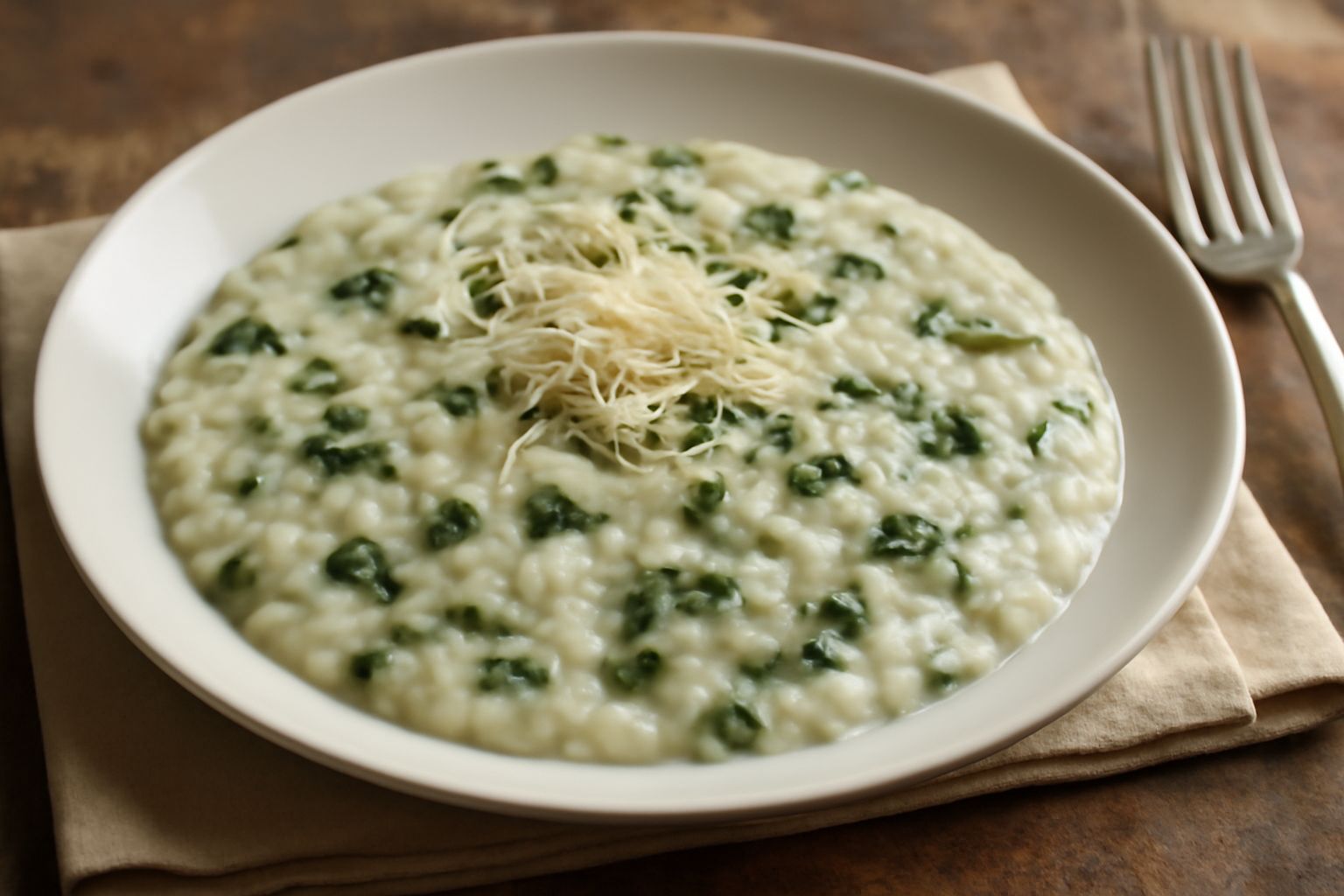 Piatto bianco con risotto cremoso color avorio, guarnito con strisce sottili di cuore di rapa verde scuro, gocce di burro sulla superficie, formaggio grattugiato e pepe nero macinato fresco