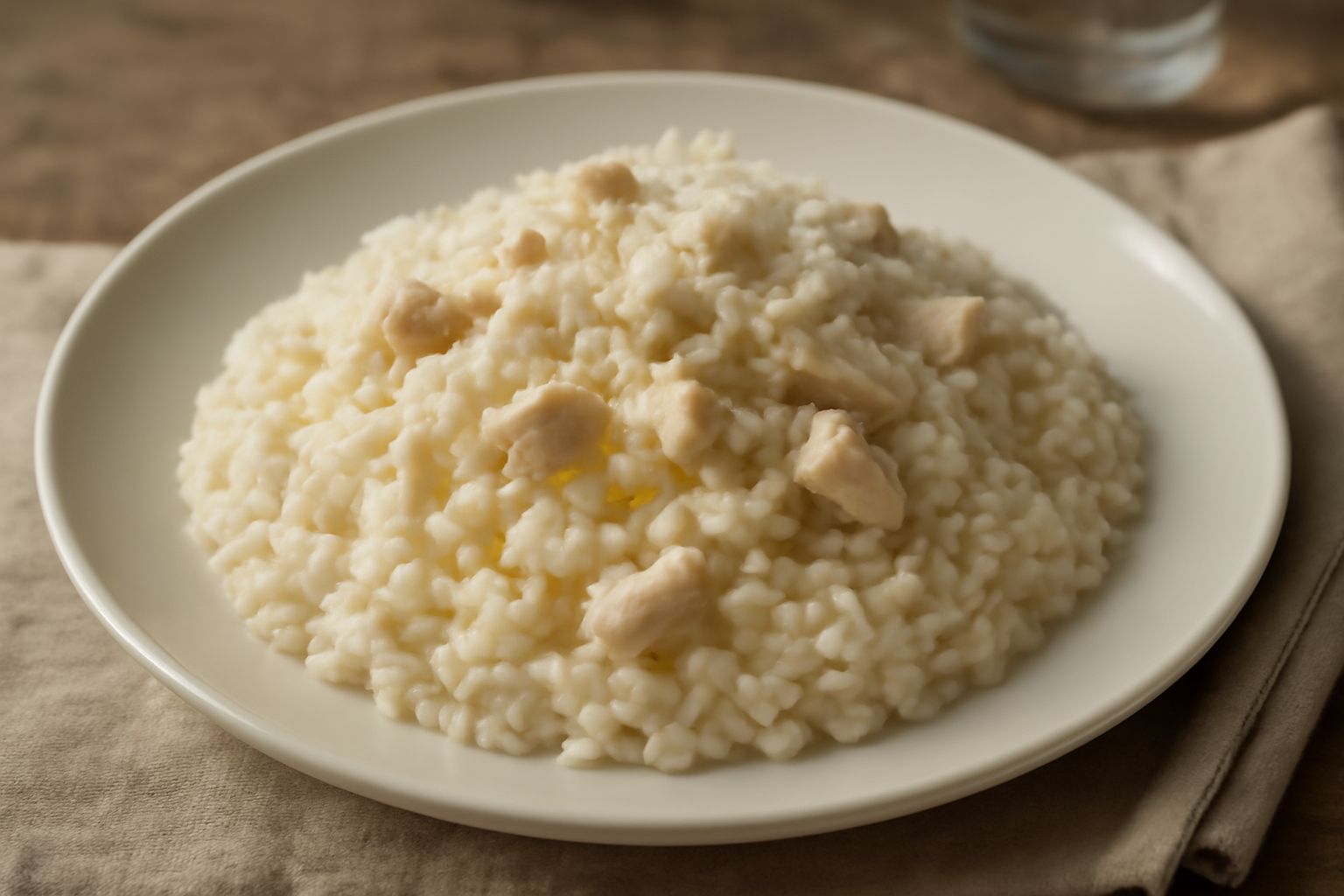 Piatto di riso bianco cremoso mantecato con il burro, frammisti pezzetti di pollo bianco, spolverato di parmigiano grattugiato, servito in fondina bianca