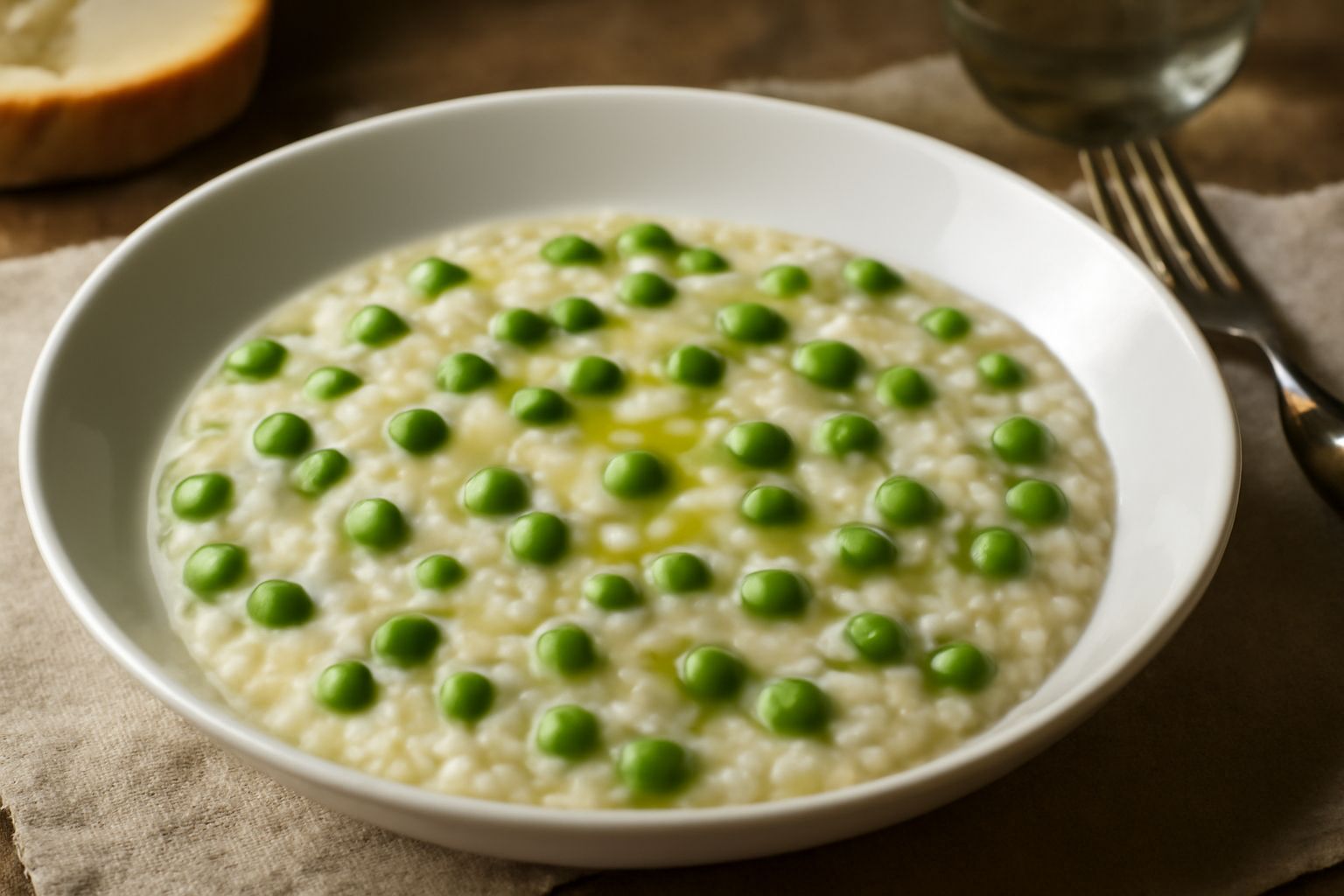 Un piatto fondo bianco con riso cremoso color avorio misto a piselli verdi brillanti, condito con un filo di olio, una spolverata di parmigiano grattugiato e prezzemolo fresco tritato