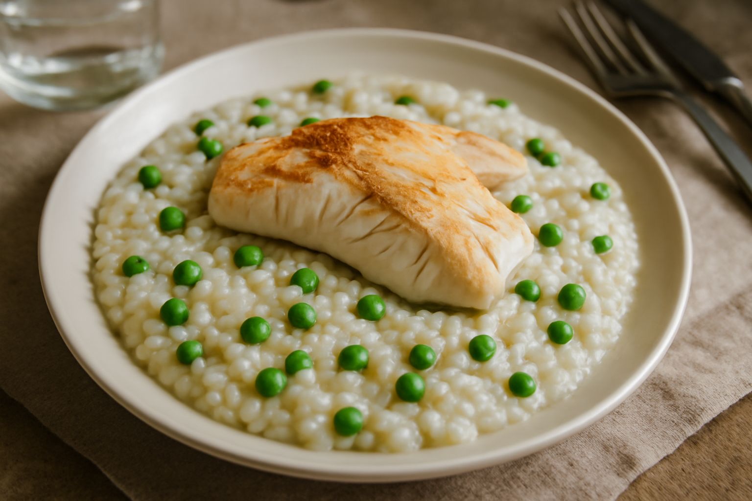 Piatto fondo con riso cremoso bianco avorio, piselli verdi brillanti sparse nel riso, filetto di pesce bianco adagiato sopra, condimento di brodo caldo riflesso sulla superficie, guarnizione di prezze