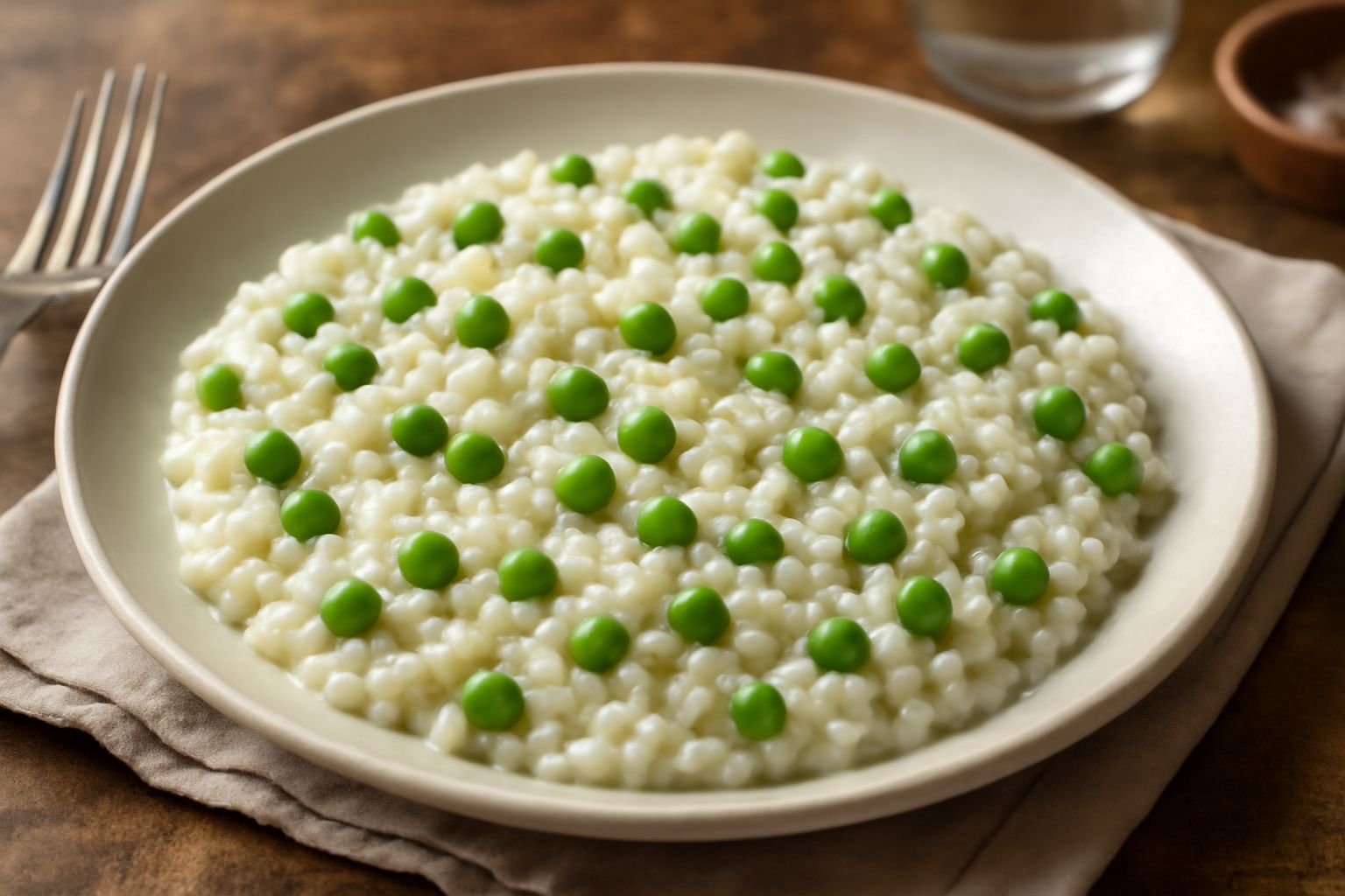 Piatto bianco ampio con riso cremoso bianco perlaceo e piselli verdi brillanti sparsi uniformemente, una cucchiaiata di riso appena sollevata, olio d'oliva che scintilla in superficie, contorno di pis