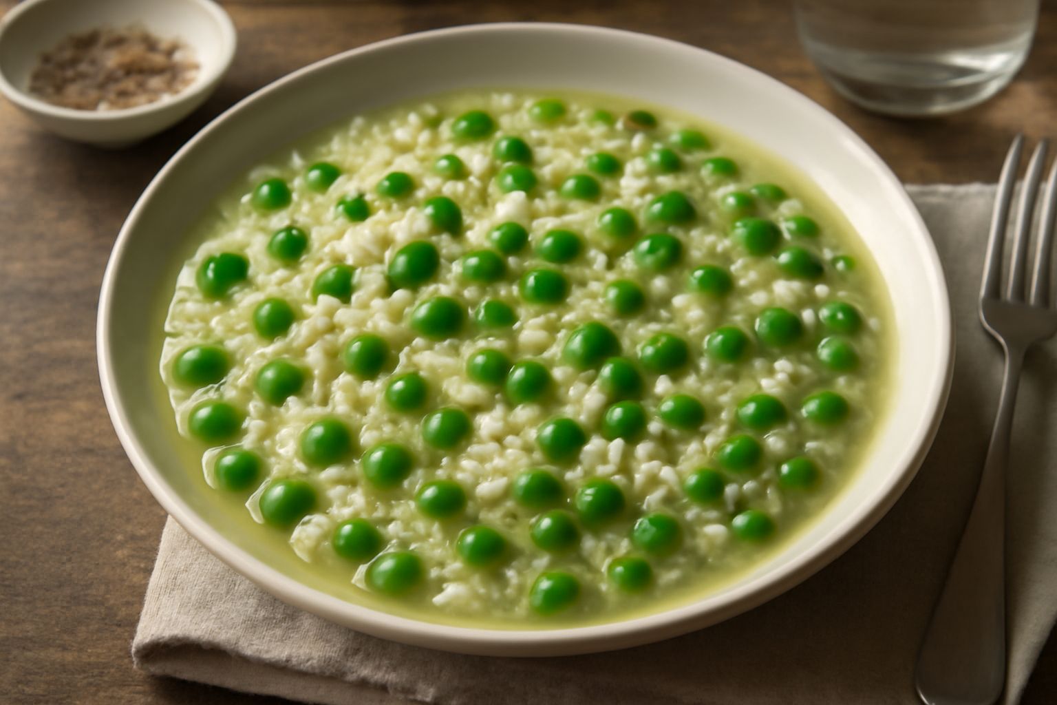 Una ciotola di ceramica bianca con riso e piselli verdi in brodo caldo, con una cucchiaiata di riso sospesa, grani bianchi di riso e piselli verdi visibili nella zuppa, guarnita con prezzemolo fresco 