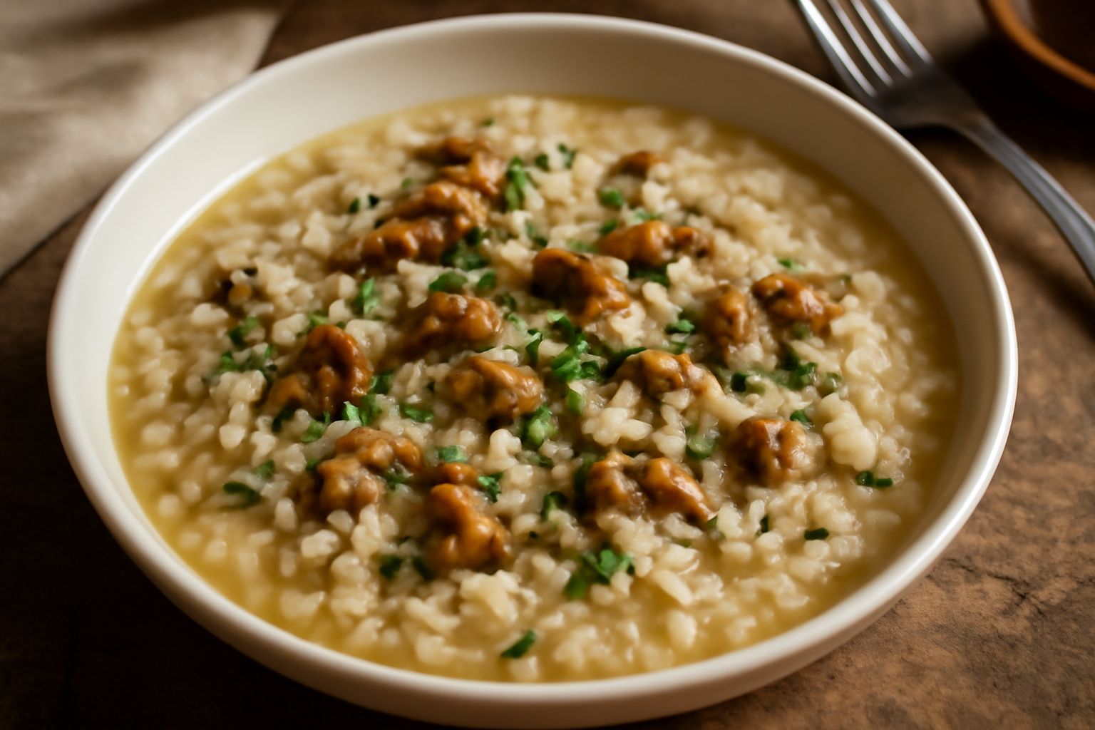 Piatto di riso bianco cremoso con pezzi di rana dorata, condito con prezzemolo fresco tritato e gocce di olio, brodo trasparente visibile nel fondo, servito in ciotola bianca su tavolo di legno