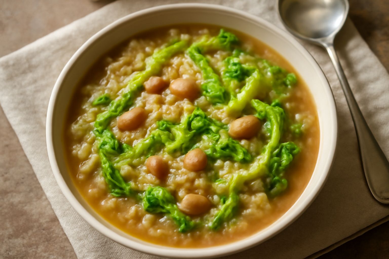 Piatto di risi e fagioli con verza: cremoso e color nocciola, con strisce di verza verde chiaro che spuntano dal brodo, caldo fumante, servito in ciotola bianca con cucchiaio