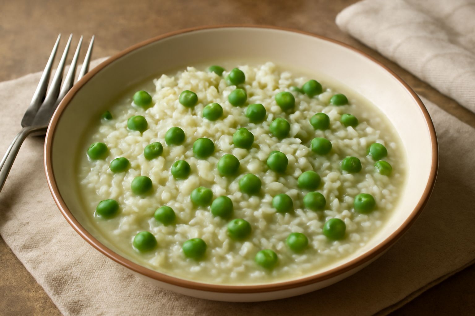 Piatto di risibisi bianco e verde con riso morbido, piselli interi e brodo leggero, guarnito con foglia di prezzemolo fresco