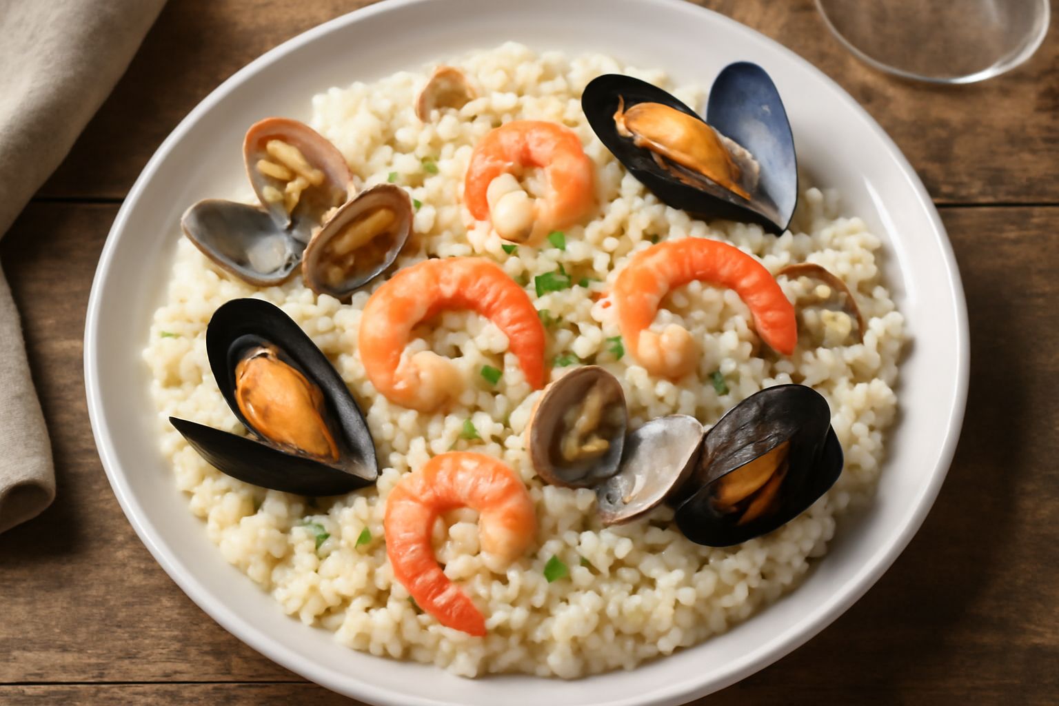 Piatto di riso bianco cremoso con vongole veraci aperte, cozze nere, gamberi rosa e prezzemolo fresco, impiattato in ciotola di ceramica bianca con filo d'olio d'oliva