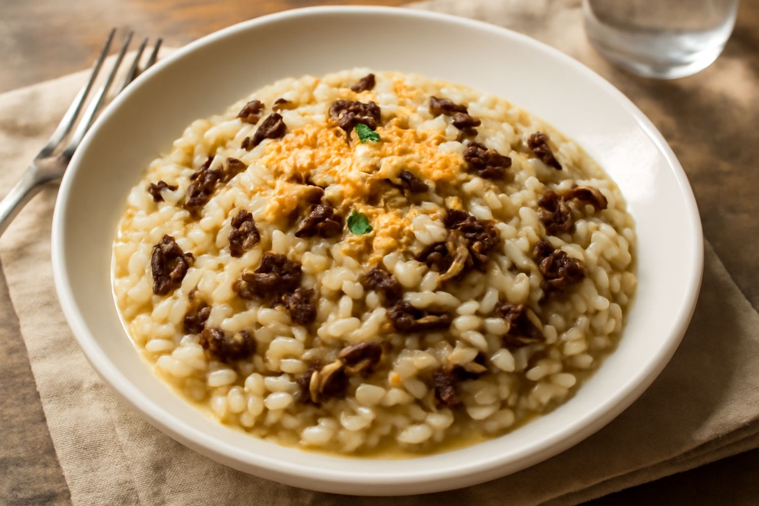 Piatto di riso bianco cremoso con funghi scuri e dorati, timo fresco sulla superficie, parmigiano grattugiato, caldo al vapore, servito in ciotola di ceramica