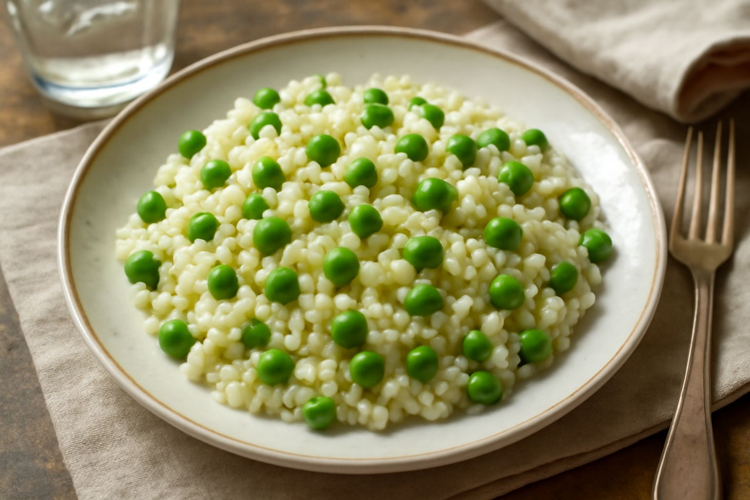 Piatto bianco con riso ai piselli freddo, chicchi di riso brillanti e piselli verdi distribuiti uniformemente, condito con un filo d'olio, fresco e appetibile.