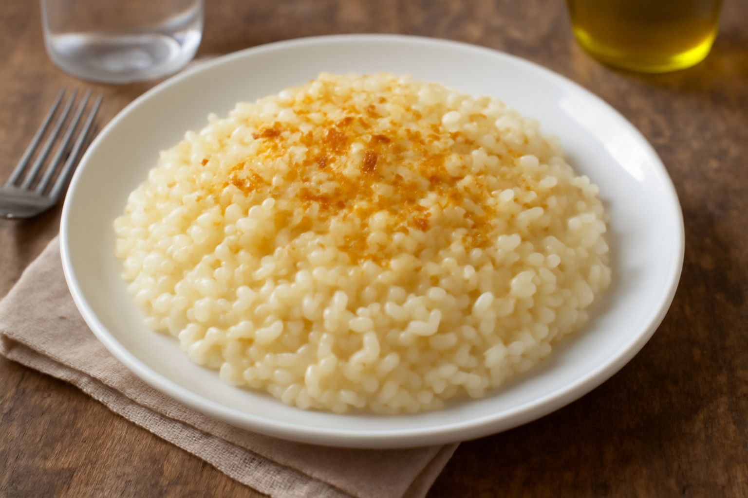 Riso cremoso bianco-avorio in una casseruola di ceramica, con superficie ondulata e lucida dal brodo assorbito, guarnito con una leggera spolverata di parmigiano grattugiato