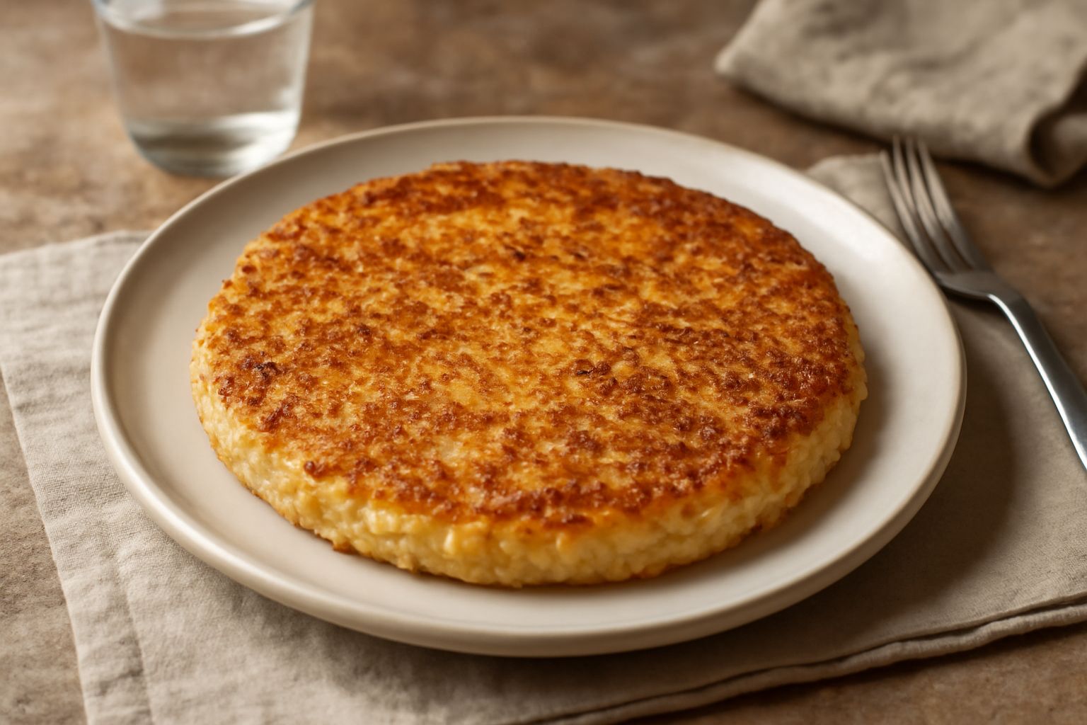 Una frittella di riso al salto dorata e croccante servita nel piatto bianco, con margine caramellato, vapore leggero, burro fuso ai bordi