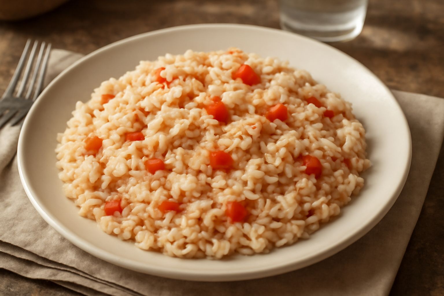 Piatto di riso al tonno in ciotola bianca, riso cremoso e biancastro con striature rosse di pomodoro, pezzetti di tonno visibili, garnito con prezzemolo fresco verde, sottofondo neutro