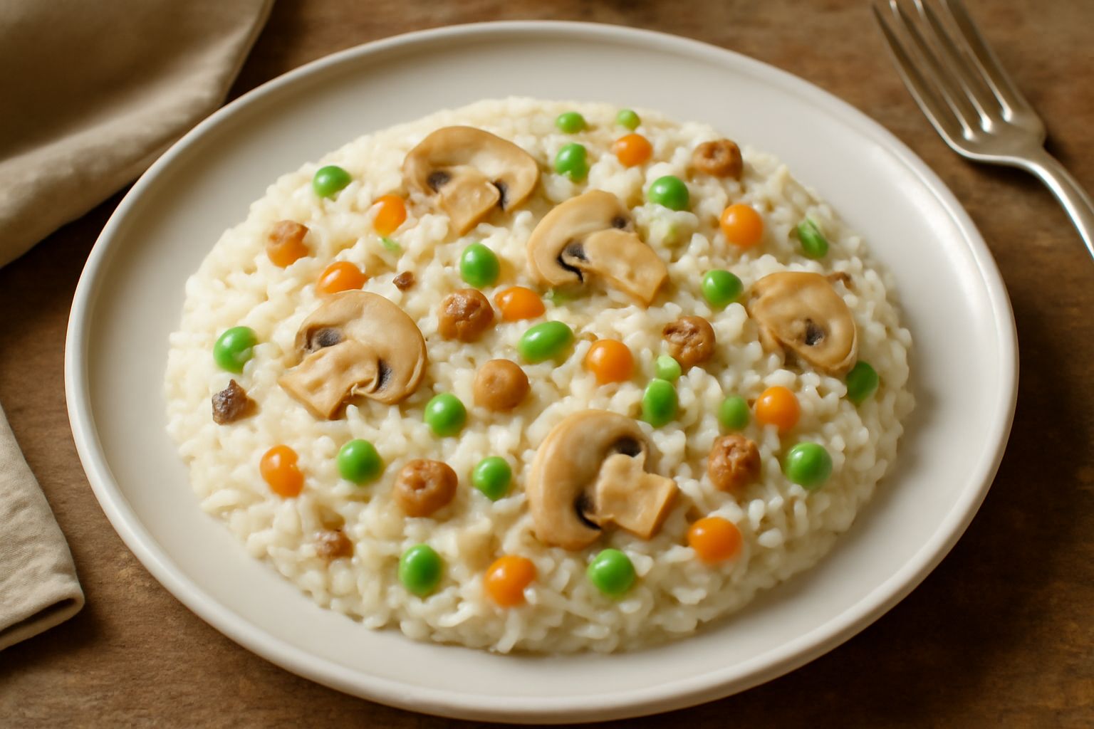 Piatto di riso alla certosina bianco cremoso con piselli verdi, carote arancioni, funghi bianchi a dadini, carne macinata dorata e prezzemolo fresco tritato, servito in piatto bianco fondo con contorn